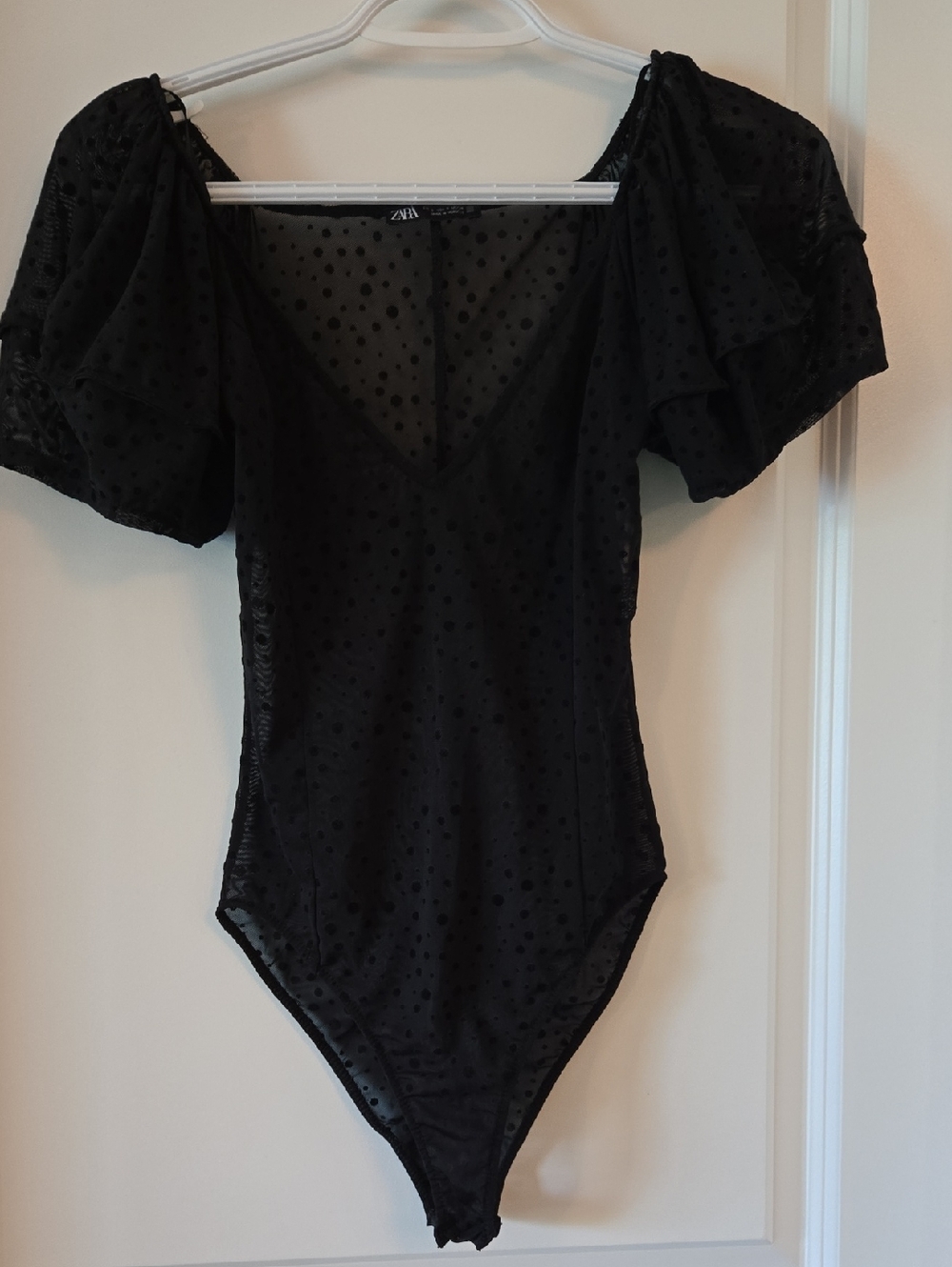 Zara Black Sheer Swiss Dot Puff Sleeve Bodysuit